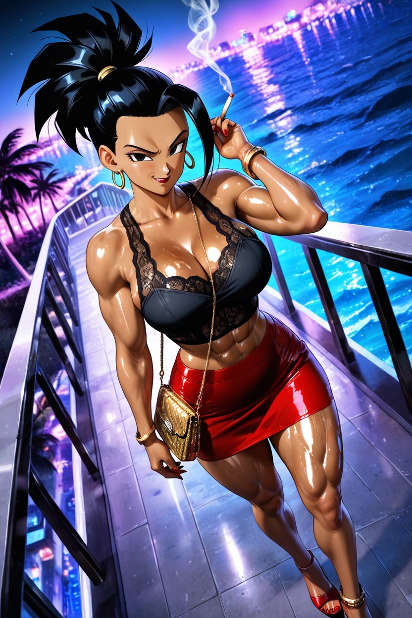 Gold Large Handbag, View Of Ocean And Palm Trees, Night Hentai AI Porn
