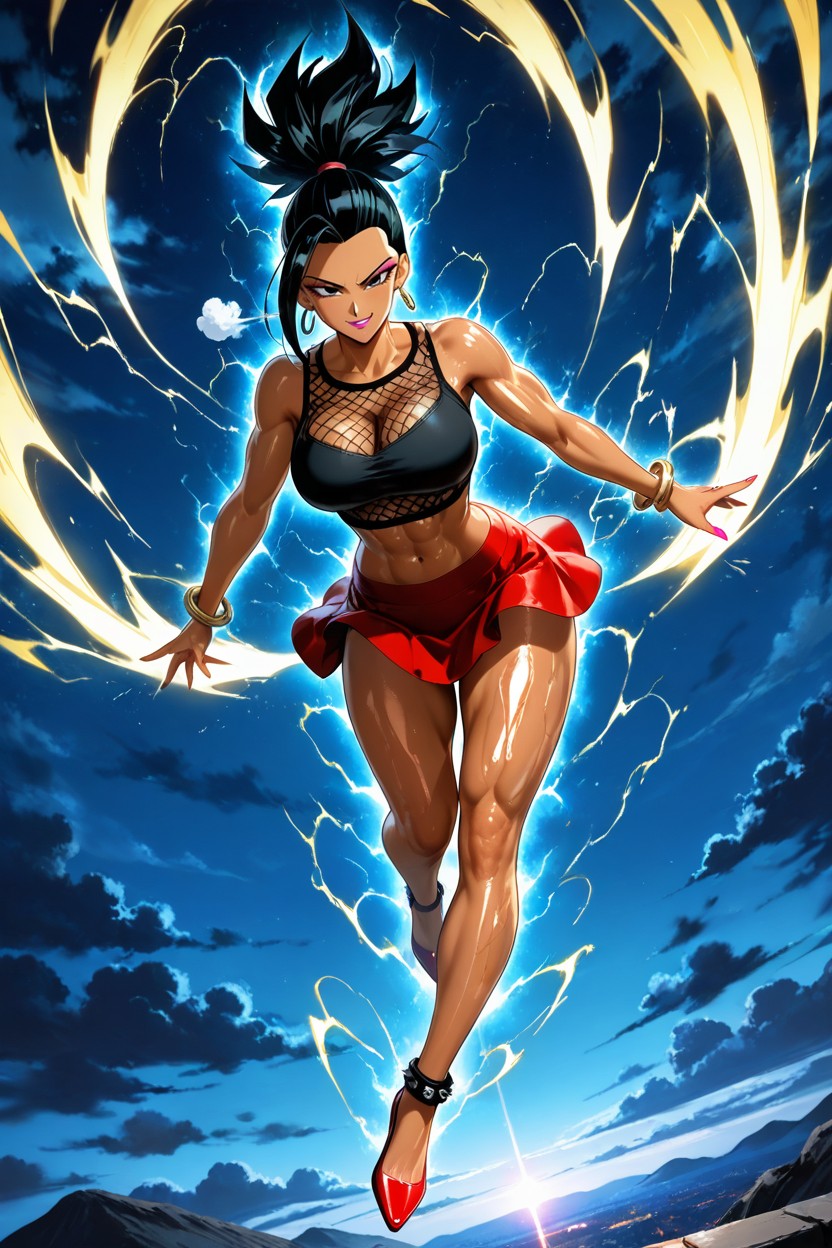 Full Body Shot, Clouds, Sparks Of Blue Electricity Everywhere Around Body Hentai AI Porn