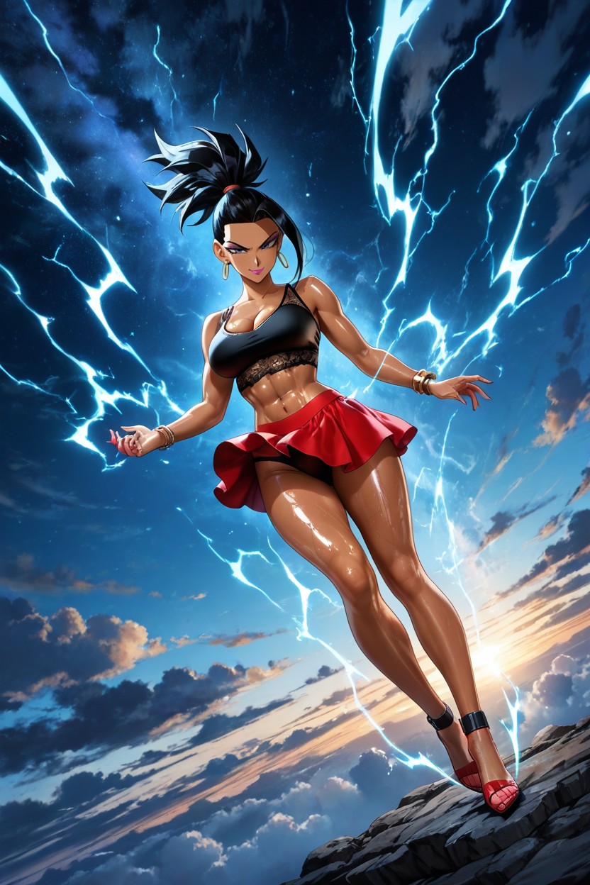 Sparks Of Blue Electricity Everywhere Around Body, Spiked Hair, Detailed Thighs Hentai AI Porn