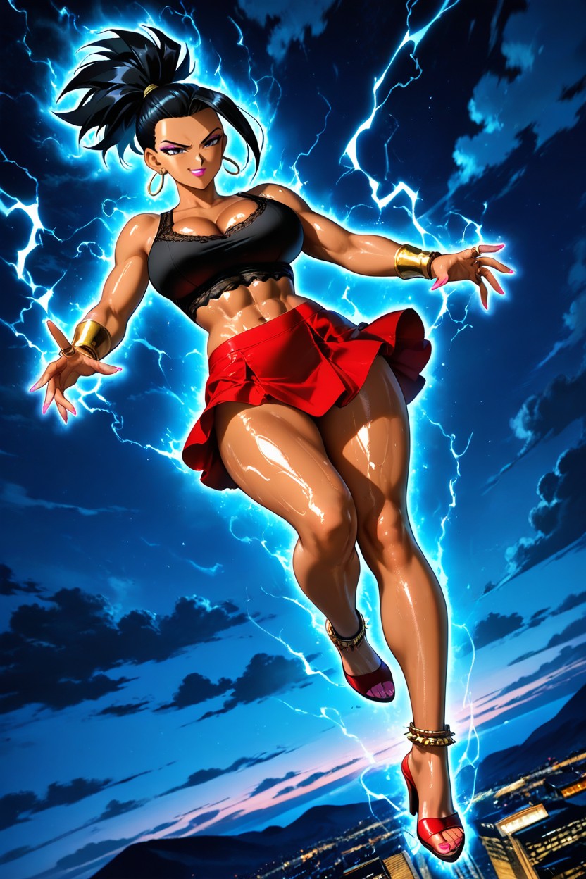 Tanned, Sparks Of Blue Electricity Everywhere Around Body, Detailed Thighs Hentai AI Porn