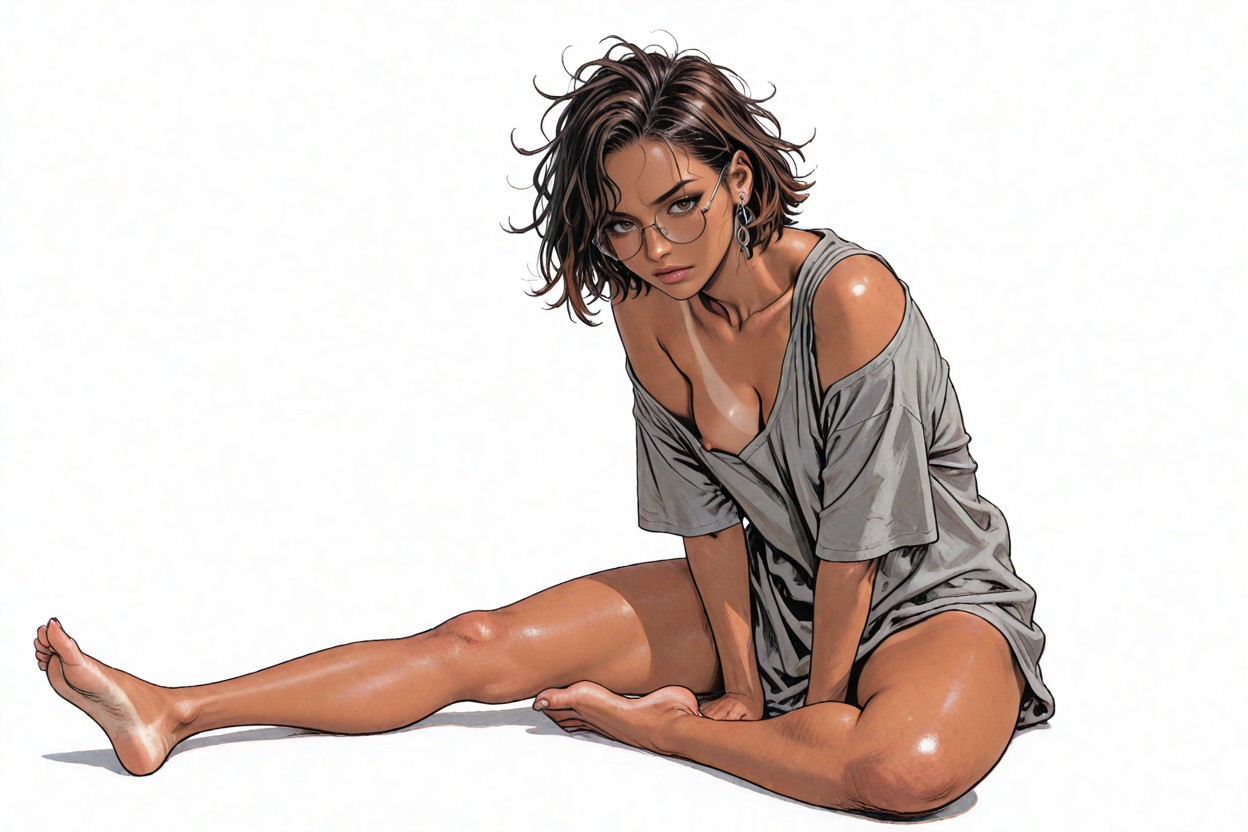 Nipple Slip, Sitting On The Ground, Loose T-shirt Hentai AI Porn