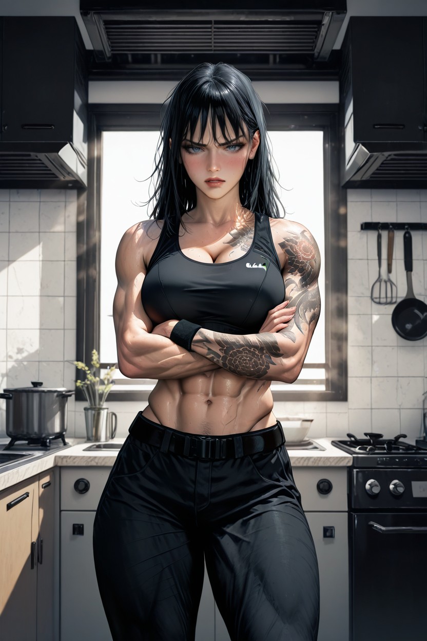 Long Silky Black Hair, Semi-realistic Anime, Black Sports Bra Hentai AI Porn