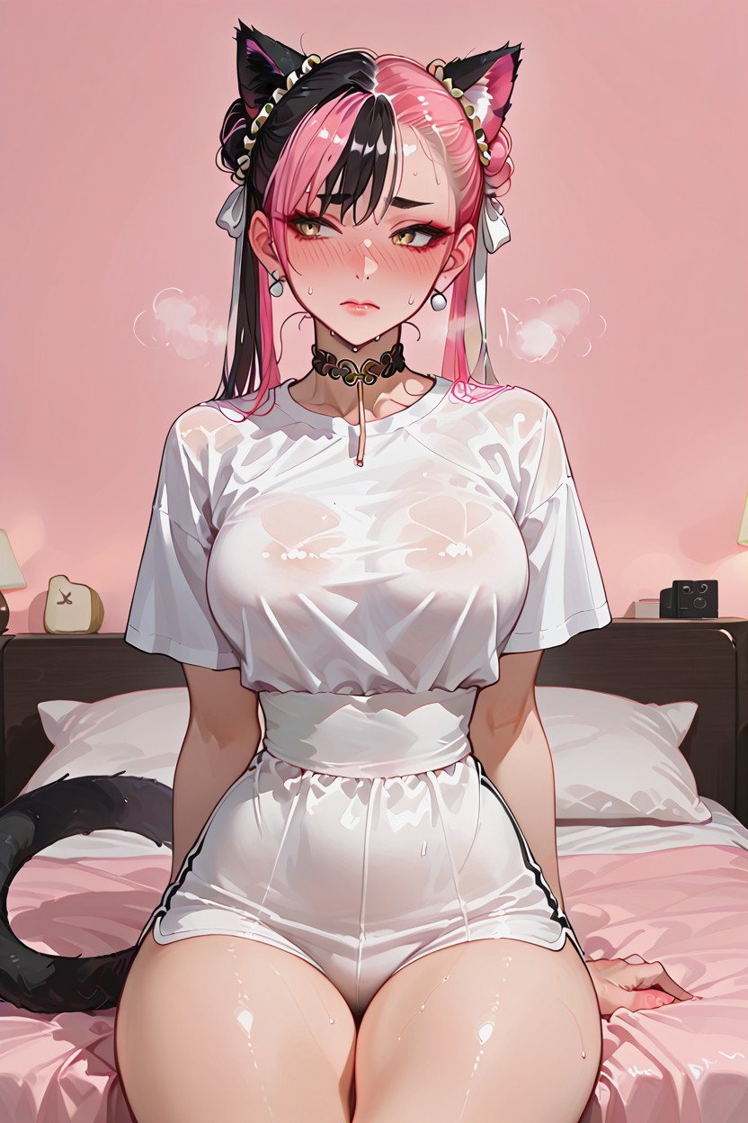 Pechos Redondeados, Pink Background, Gold Eyes Hentai IA