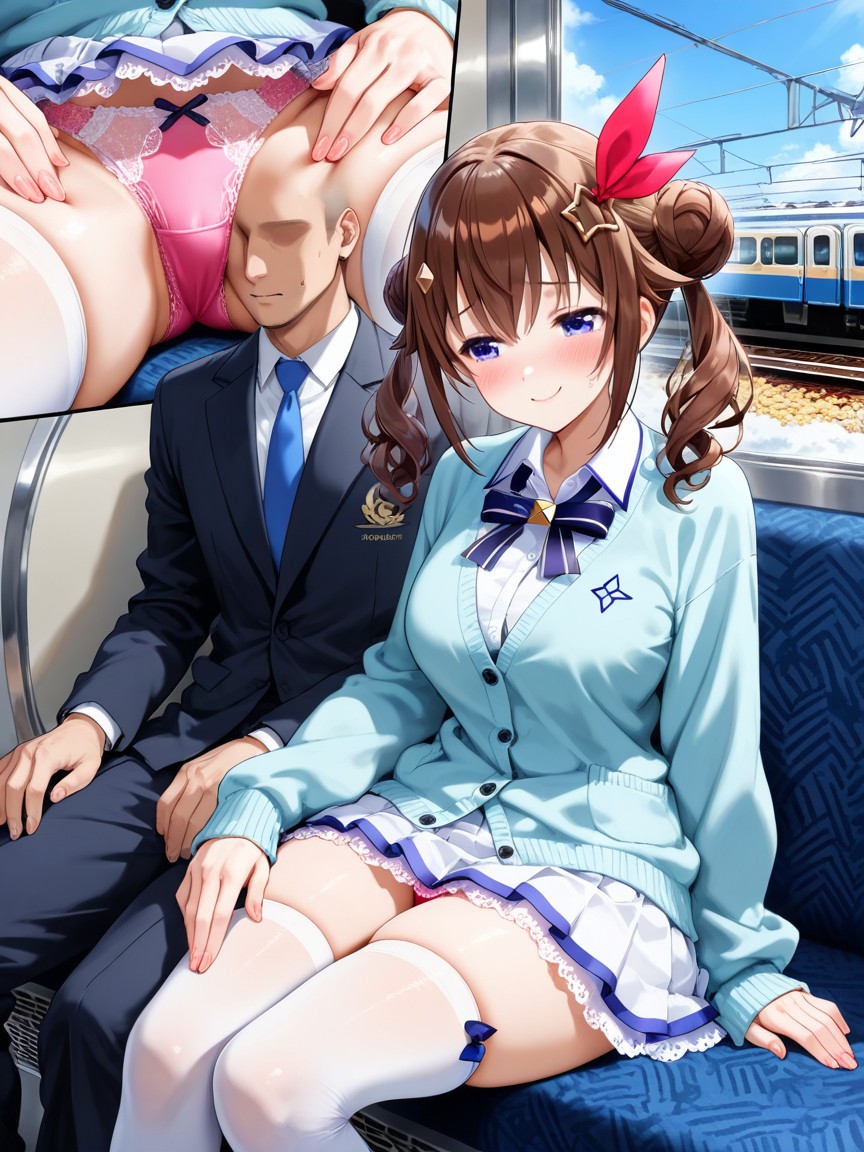 Wearing White Collar Shirt, Train, Pink Crotch Panties Hentai AI Porn