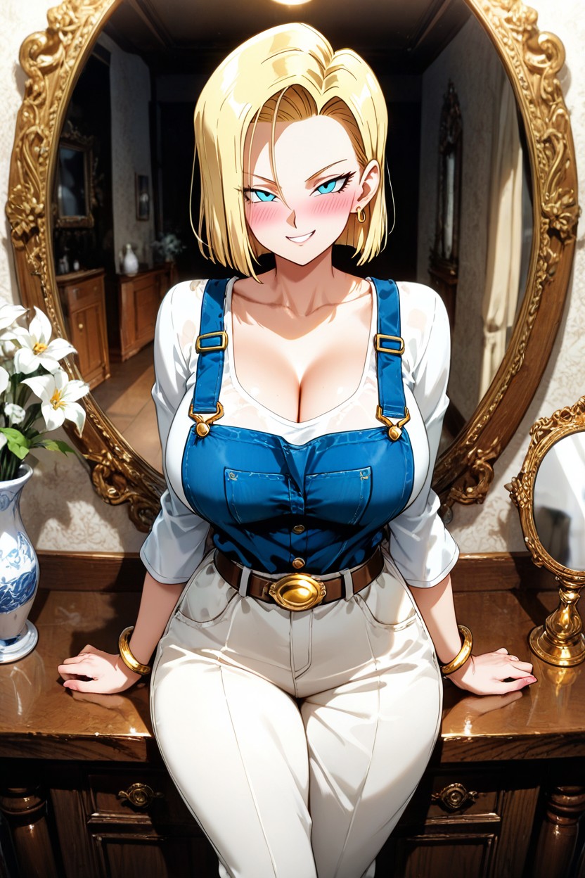 High V-neck That Reveals Her Chest, Rounded Hips, The Dressing Table Is Dark And Polished Hentai IA