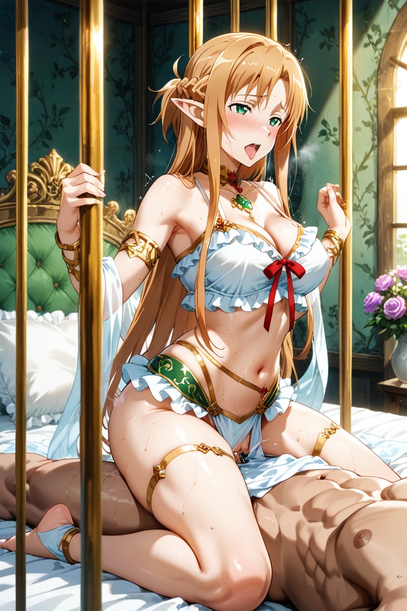 Green Eyes, Luxurious White Bed With Fluffy Pillows And Ornate Headboard, Looking Up At Asuna While Holding Her Waist Hentai IA