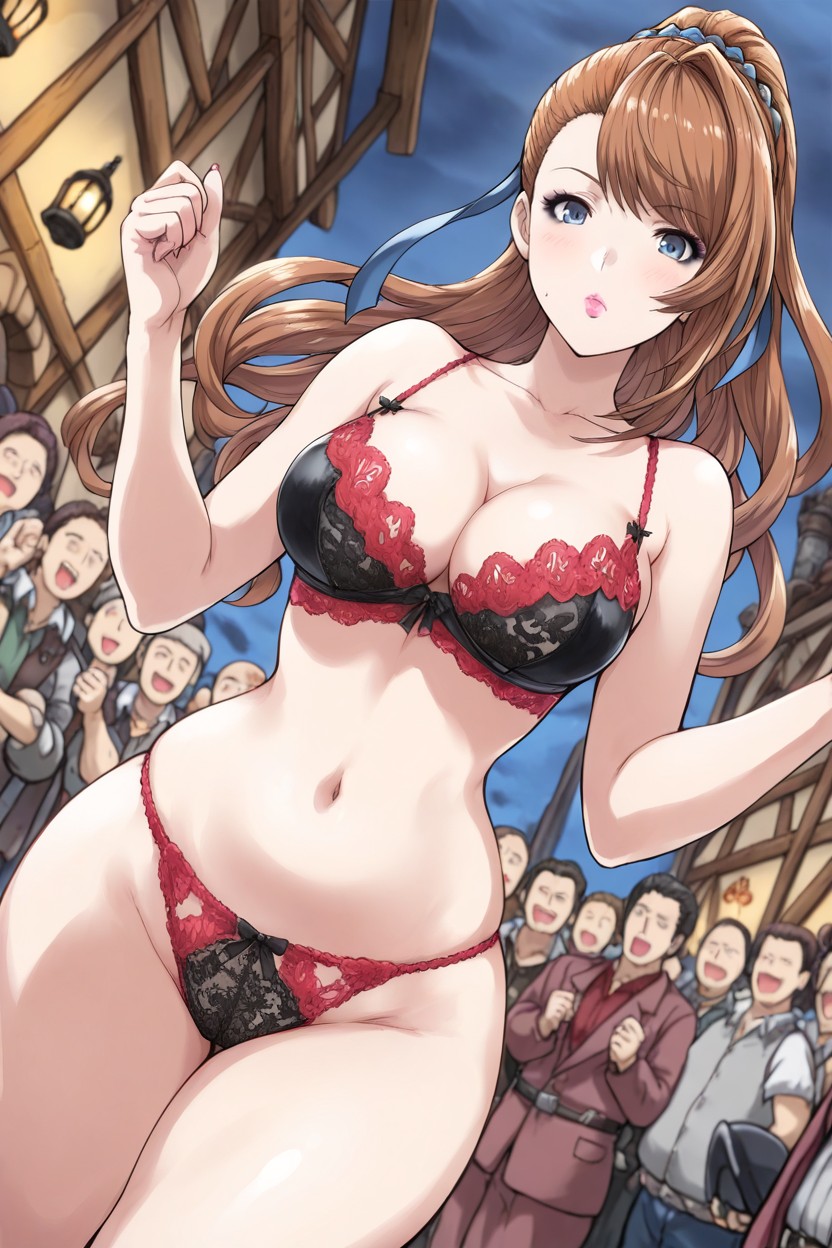 Bursting Breasts, Many Men Around Cheering, Red Lace Lingerie Hentai IA