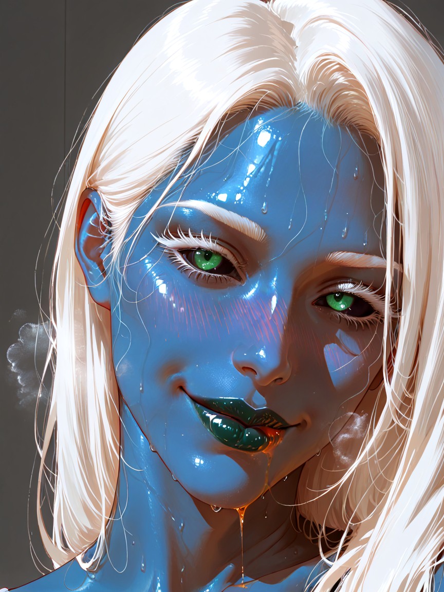 Dimples At Cheeks, Black Sclera, Long Straight White Hair Hentai IA
