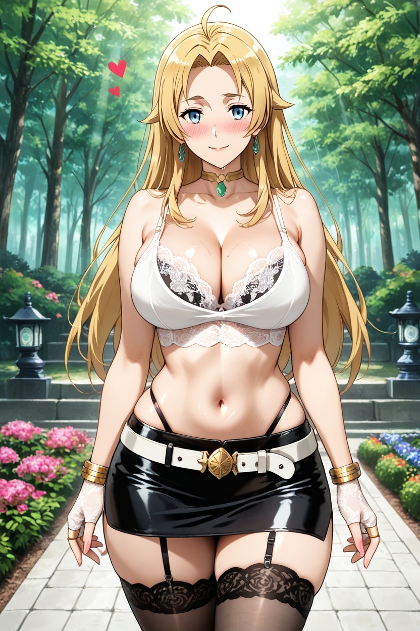 Blushing, Arms At Her Sides, Fingerless Lace Gloves Hentai IA