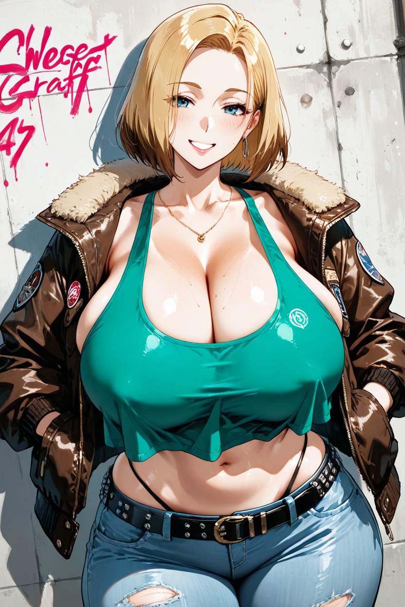 Green Crop Tank Top Overhang, Gentle, Huge Breasts Hentai AI Porn