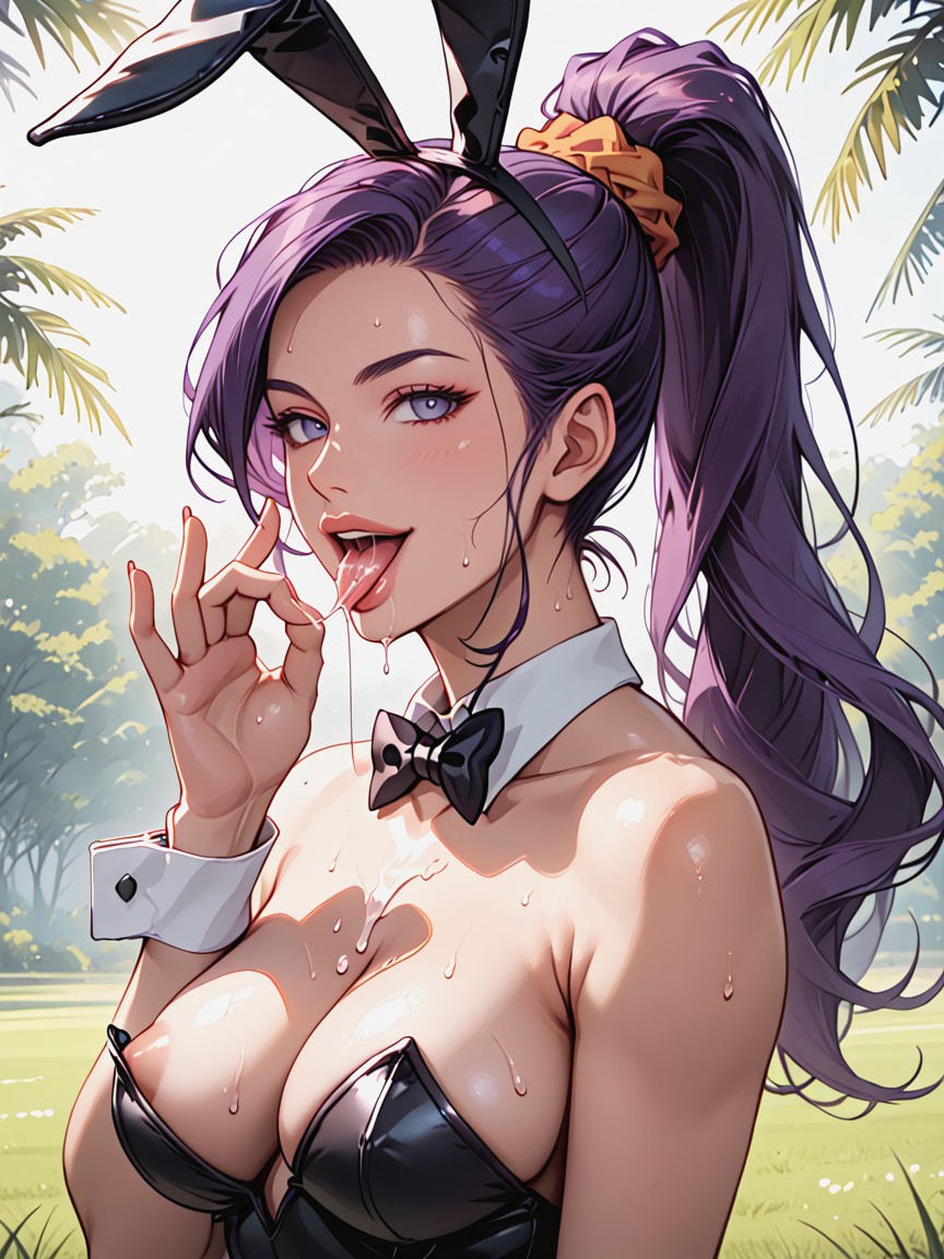 Vista Frontal, Piel Grasa, Black Bunny Suit Hentai IA
