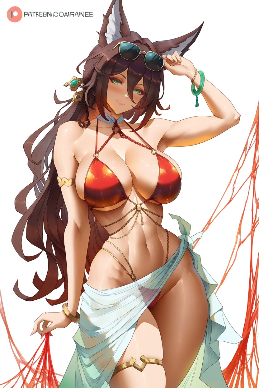 Glossy, Open Hair, Sarong Is Open At The Side Revealing One Entire Leg Hentai IA