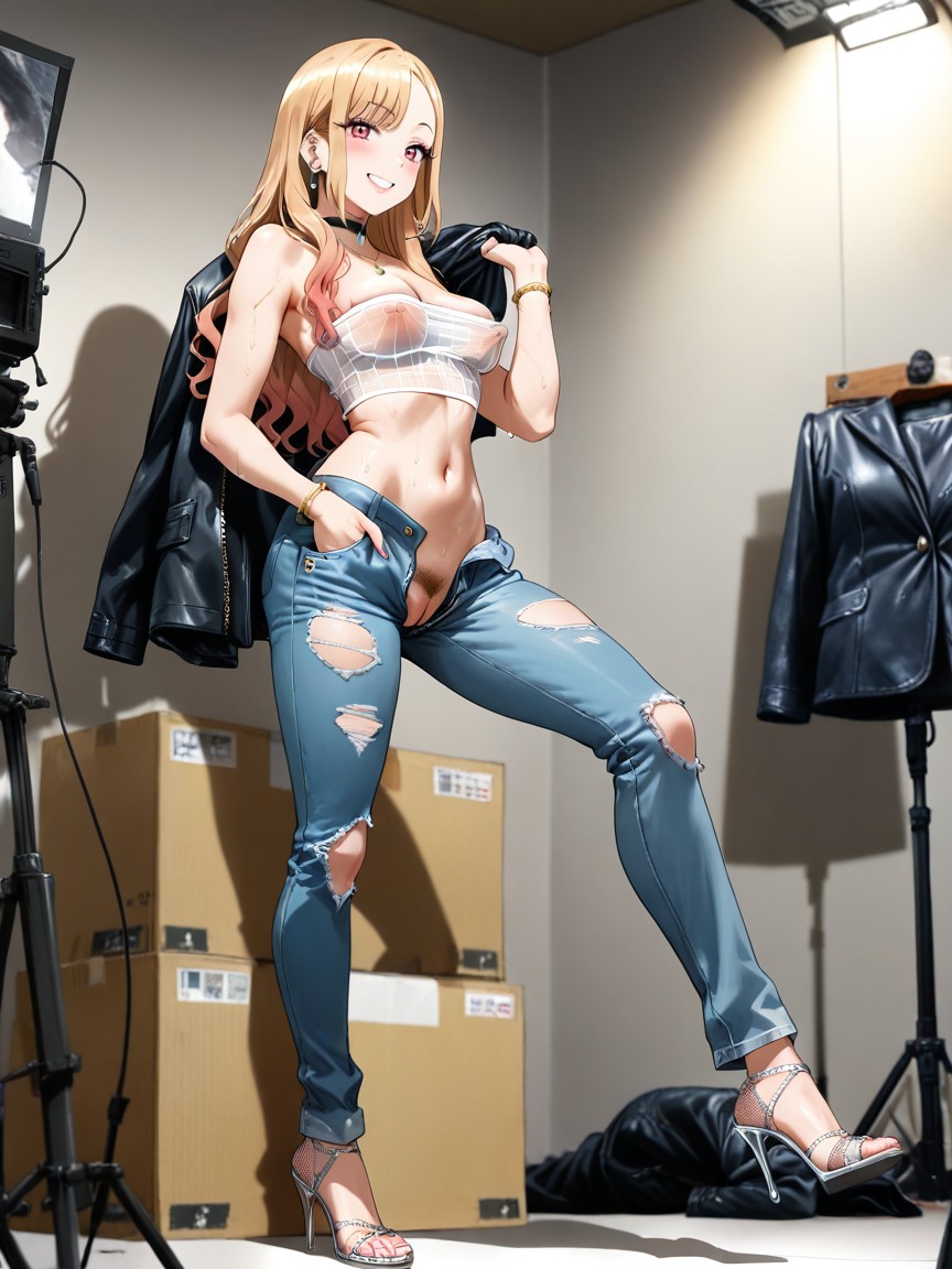 White Floor, Puffy Pussy, Holding Jacket On Shoulder Hentai AI Porn