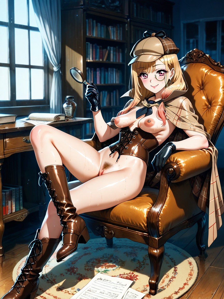 Detective Hat, Classic Round Wooden Table, Bookshelf Hentai AI Porn