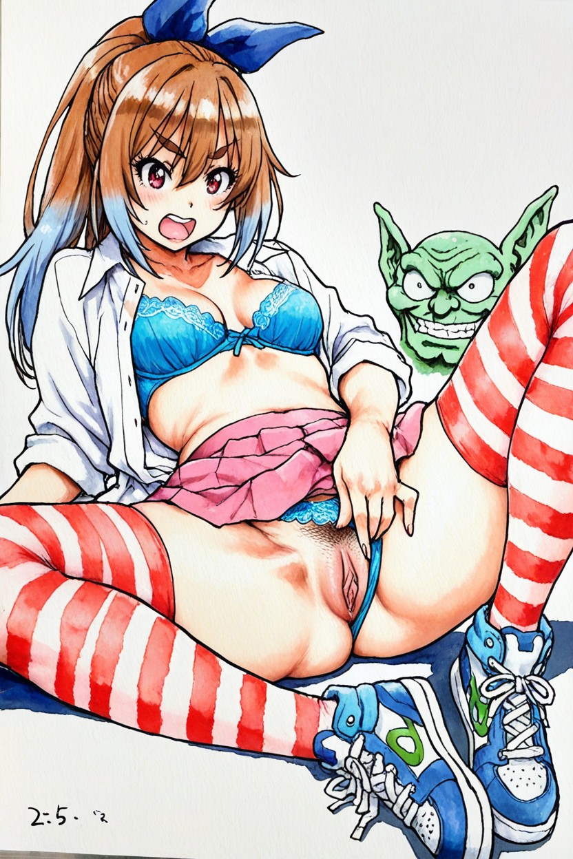 Medium Ass, Soft Watercolor Draw Style, Sky Blue Striped Stockings Hentai AI Porn