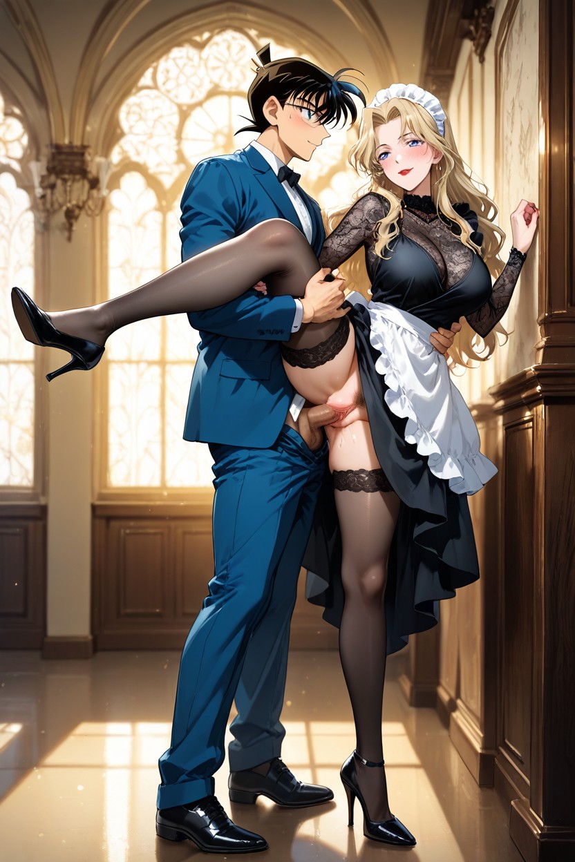 Duo, Blue Eyes, Hands Holding Her Thigh And Waist Hentai AI Porn