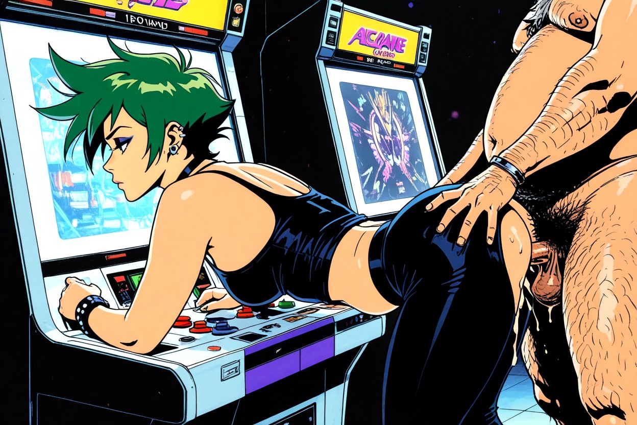 Choker, Female Playing Arcade Cabinet, Accurate Art Style Hentai AI Porn