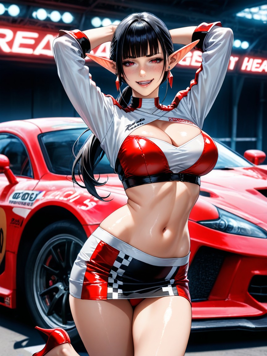 Close Up On Face, White And Burgundy Race Queen Costume With A Skirt, No Male Hentai AI Porn
