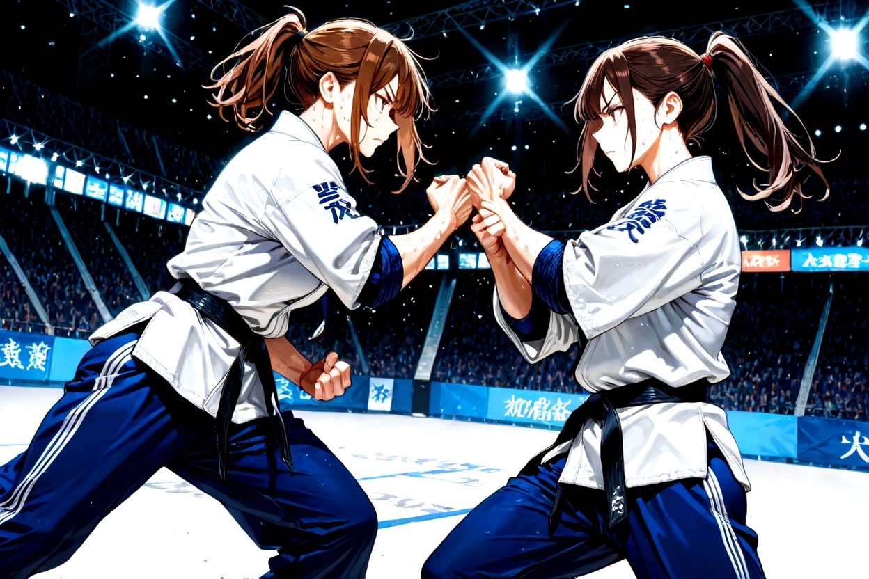 Sweating, Volumetric Lighting, Two Female Judo Athletes Fighting On Tatami Mat Hentai AI Porn