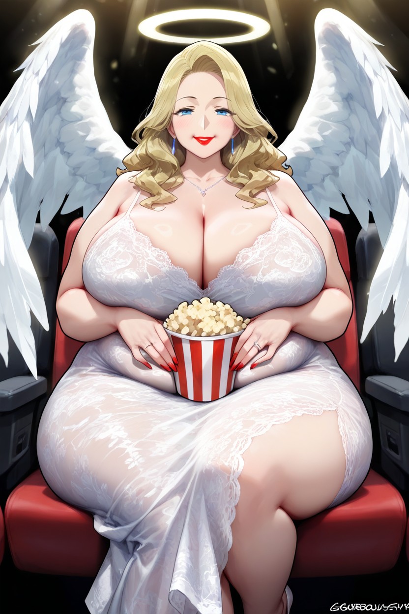 Eating Popcorn, Blue Eyes, Lace Dress Hentai AI Porn