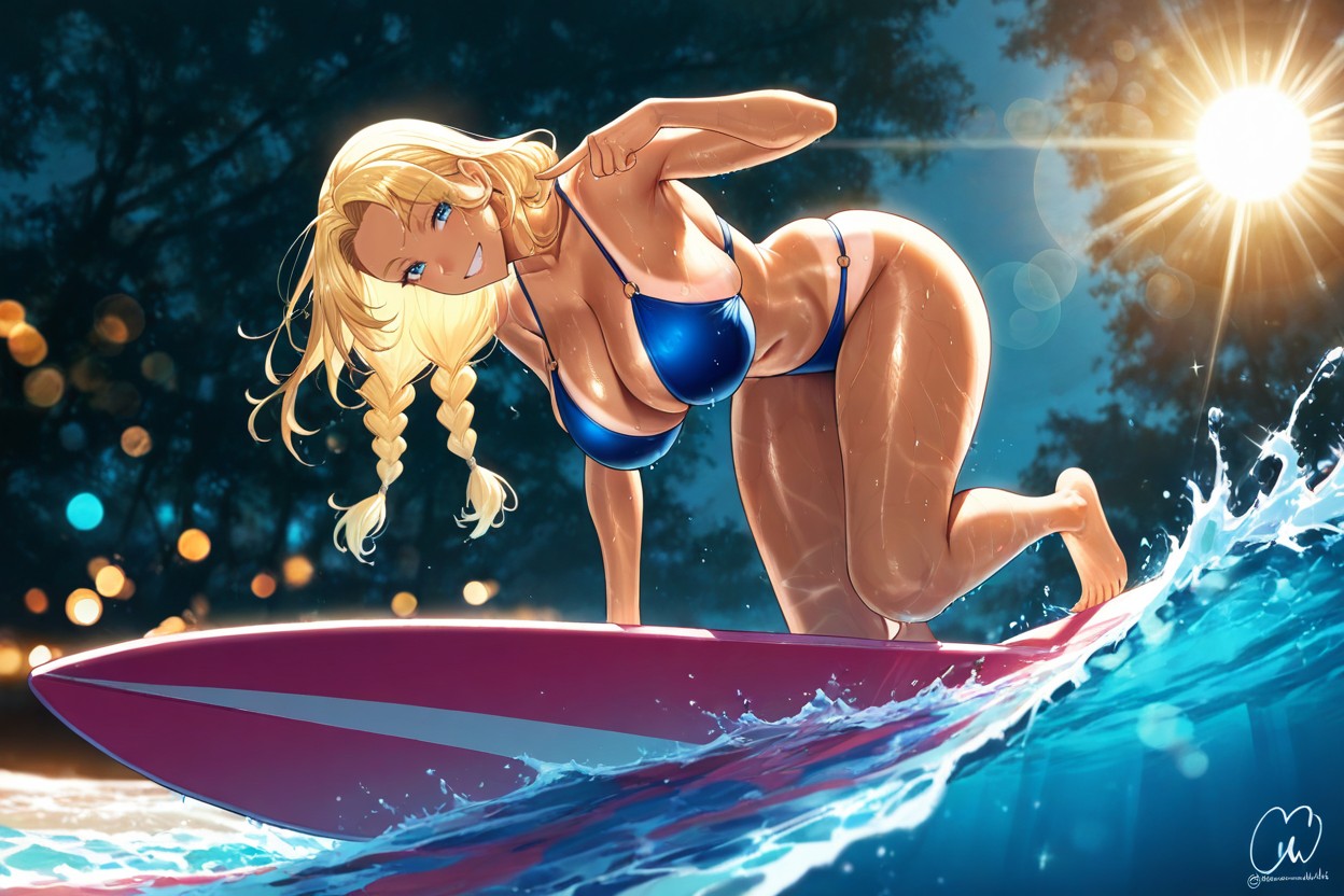 Her Bare Legs Are Clearly Visible And Planted Firmly On The Surfboard, Two Blond Thick Braids, Vibrant Colors Hentai AI Porn