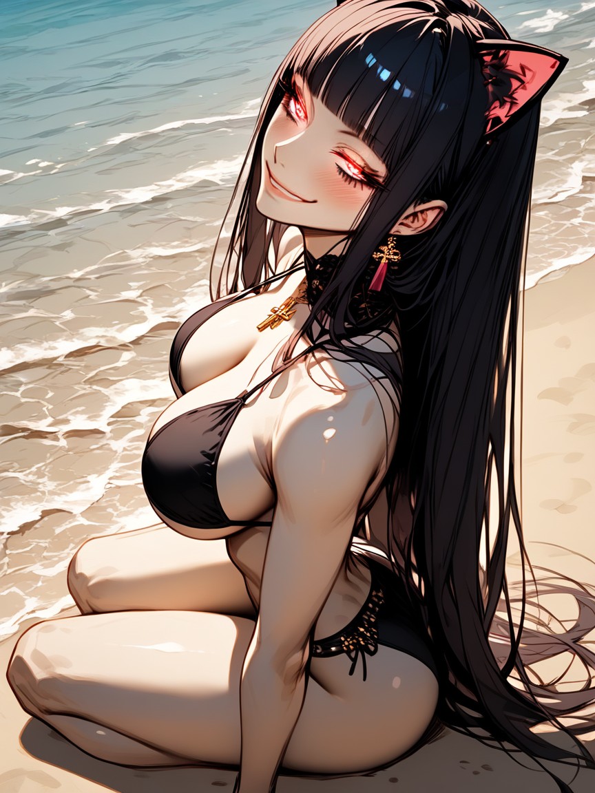 Sitting Down, Grinning, Beautiful Face Hentai AI Porn