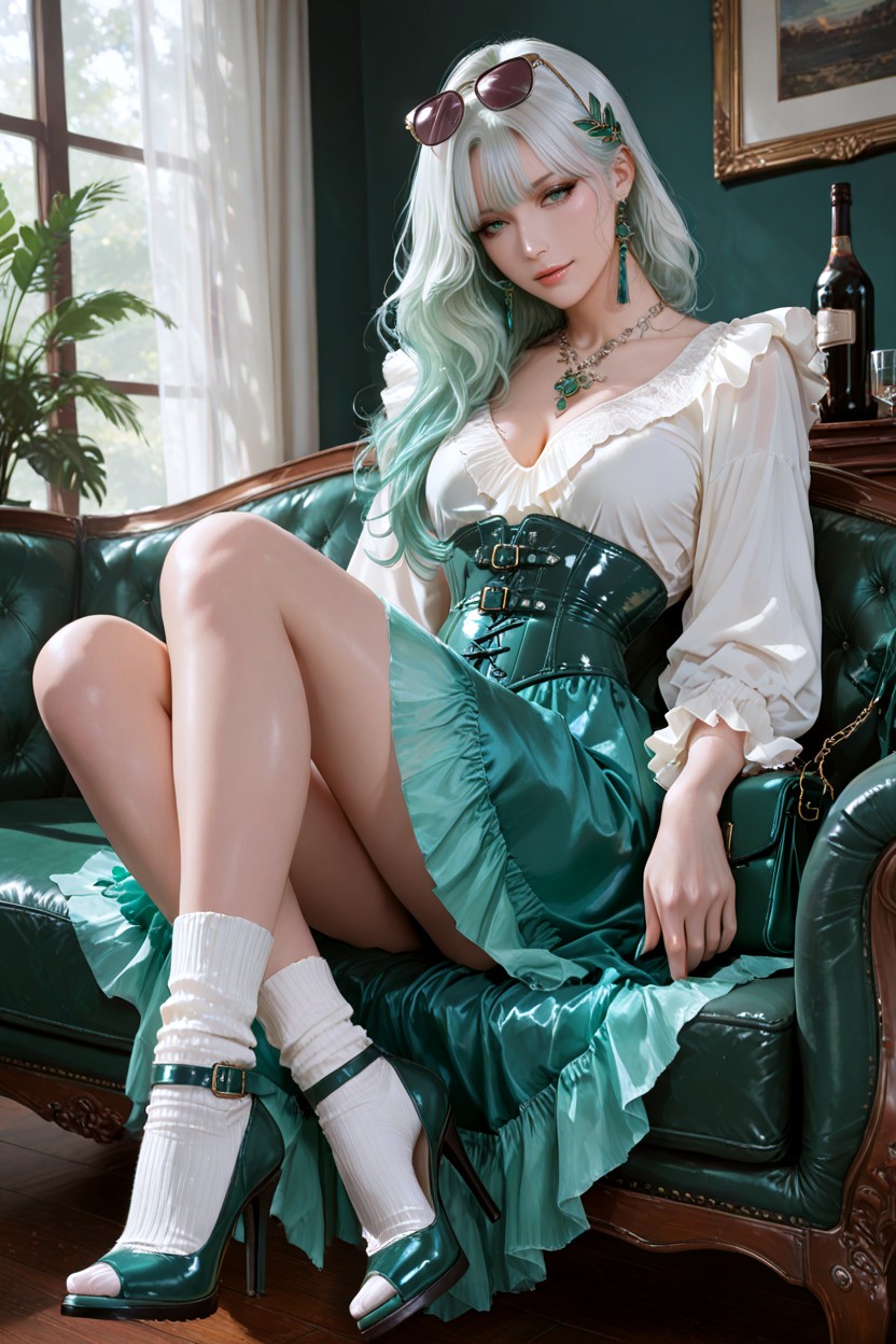 And Raised Heels Beside Her Rests A Structured Dark Teal-green Handbag, And Metallic Details She Is Sitting Casually On A Large Dark Bottle-green Sofa, Soft Natural Light Enters Through The Large Window On The Side Hentai AI Porn