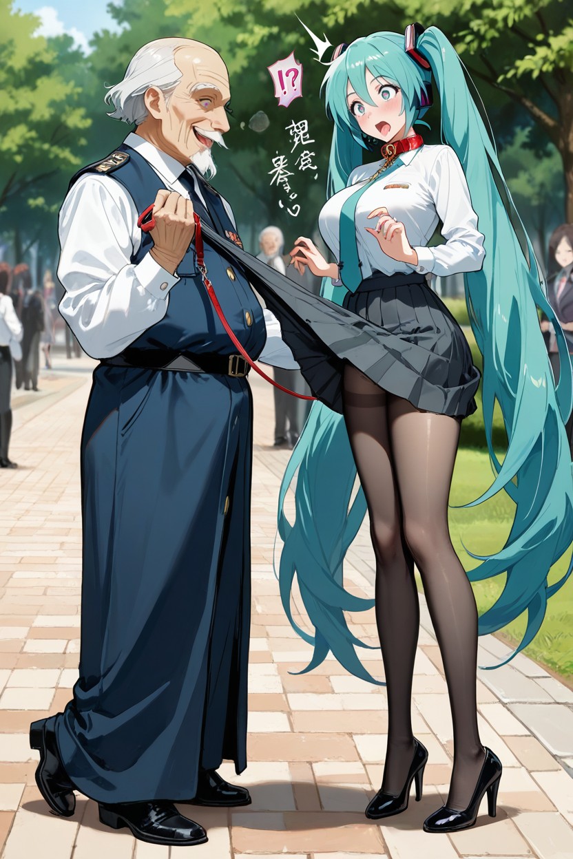 Side View, Woman Wearing Black Tights, Low Height Old Man Hentai AI Porn