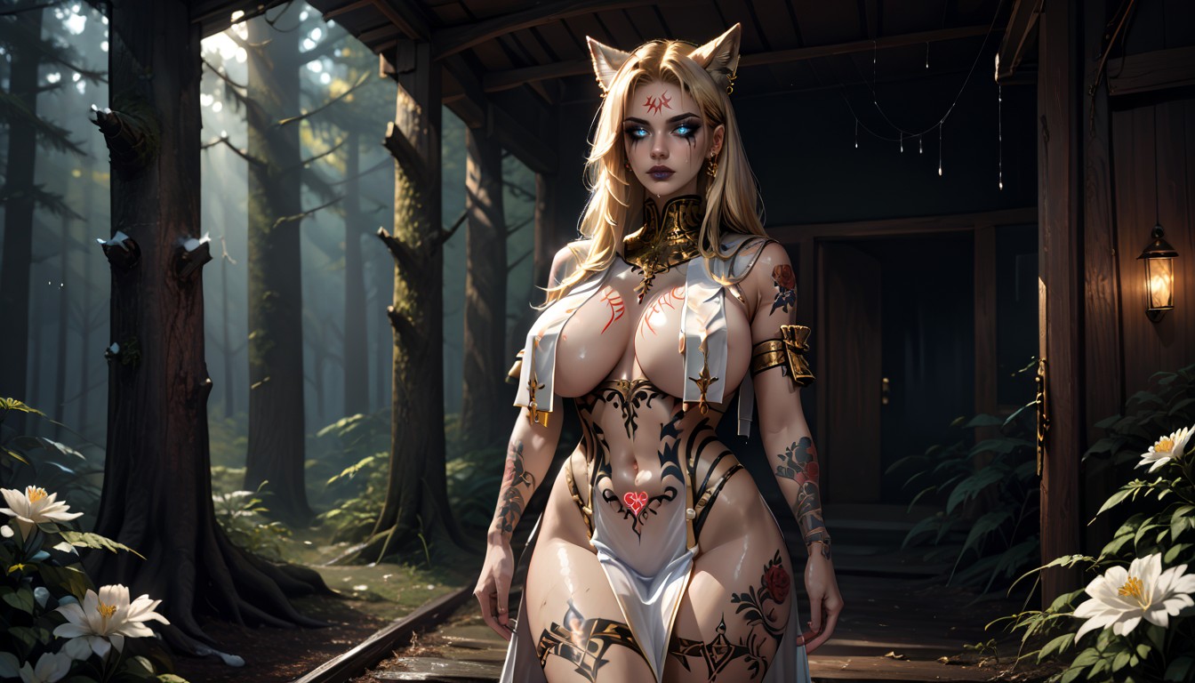 Standing Straight, Full Body Covered In Tattoosneck Tattoo, Gold Jewelry Hentai AI Porn