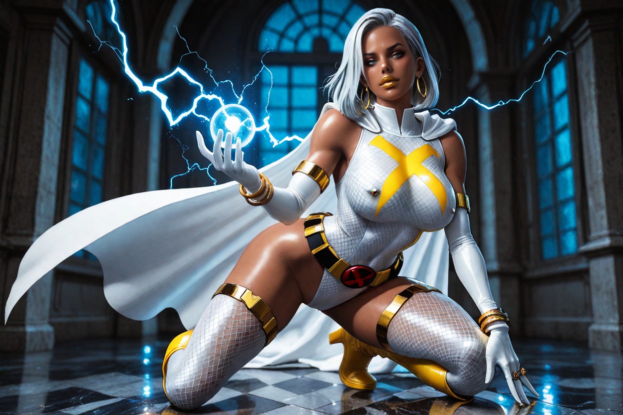 Grey Eyes With Seductive Gaze, White Mesh Stockings, Bare Shoulders Hentai AI Porn