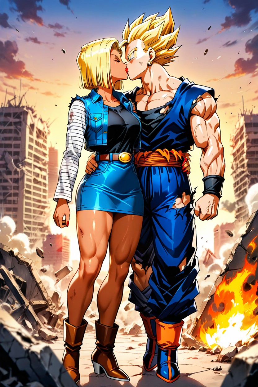Android, Blonde Hair, Gohan Kissing Android Hentai AI Porn