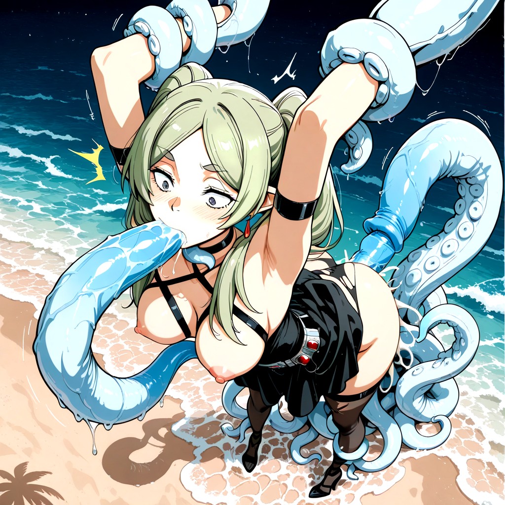 Choker, Tentacle Mouth Cumshot, Tentacles Restrained Her Thighs And Legs Hentai AI Porn