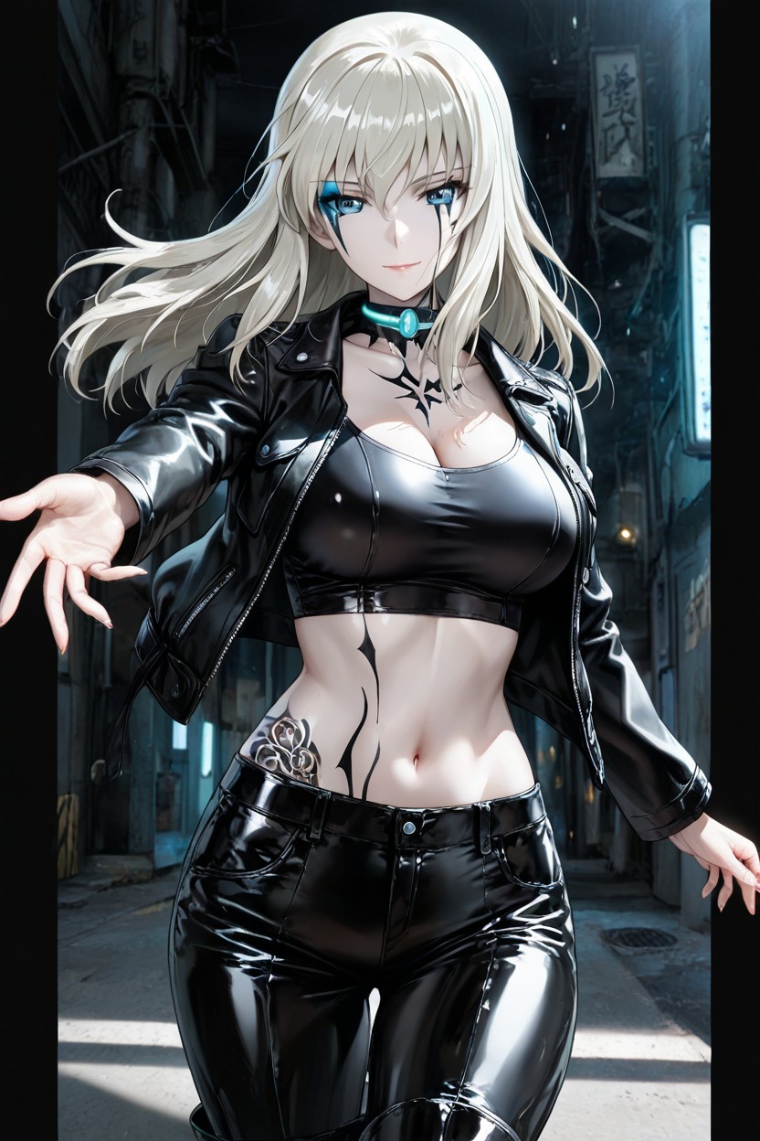 Icy Silver Front Strands Fall Freely Over The Shoulders, 18+, High-waisted Black Pants Hentai AI Porn