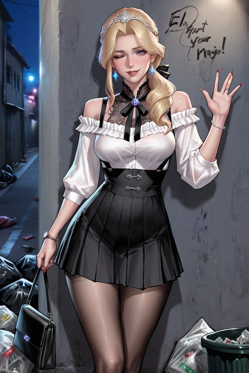 Dampness, Gliter Hair, White Frilled Blouse Off Shoulder Hentai AI Porn