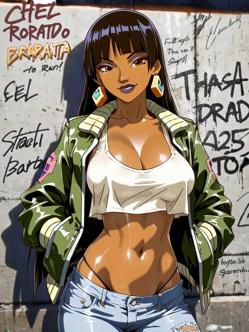 Crop Top Overhang, Dark Brown Skin, Hands In Jacket Pockets Hentai AI Porn