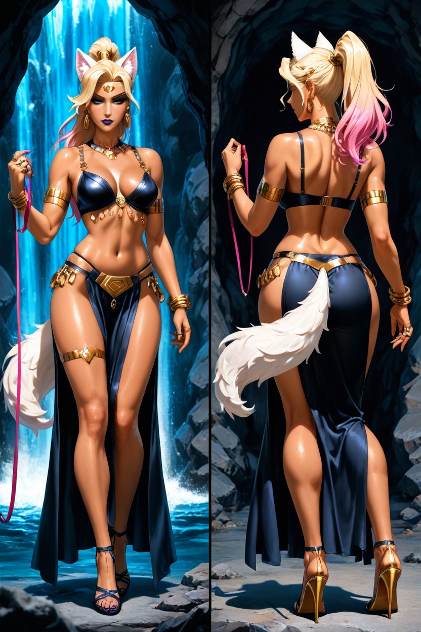Black And Gold Colors, Leashed By The Detailed Hair, Black Open Toe Heels Hentai AI Porn