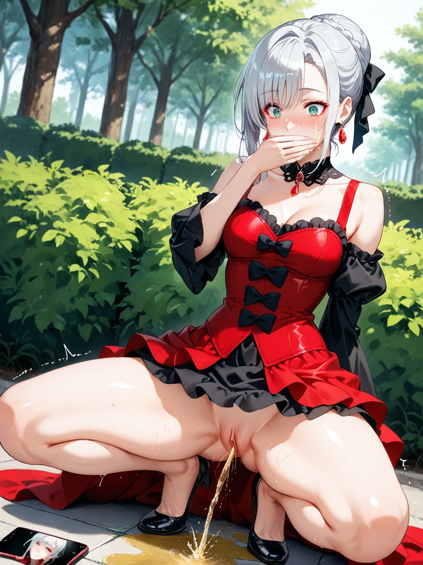 Red Gemstone Earrings, Dynamic Angle From Side, Trees Hentai AI Porn