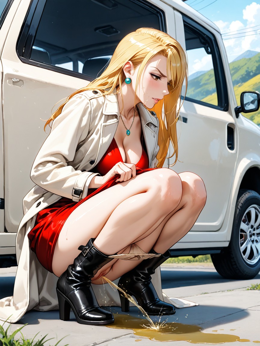 Outdoors, Coat Hems Topping Knees, Midi Red Dress Lifted With Fall Coat Up To Waist Hentai AI Porn