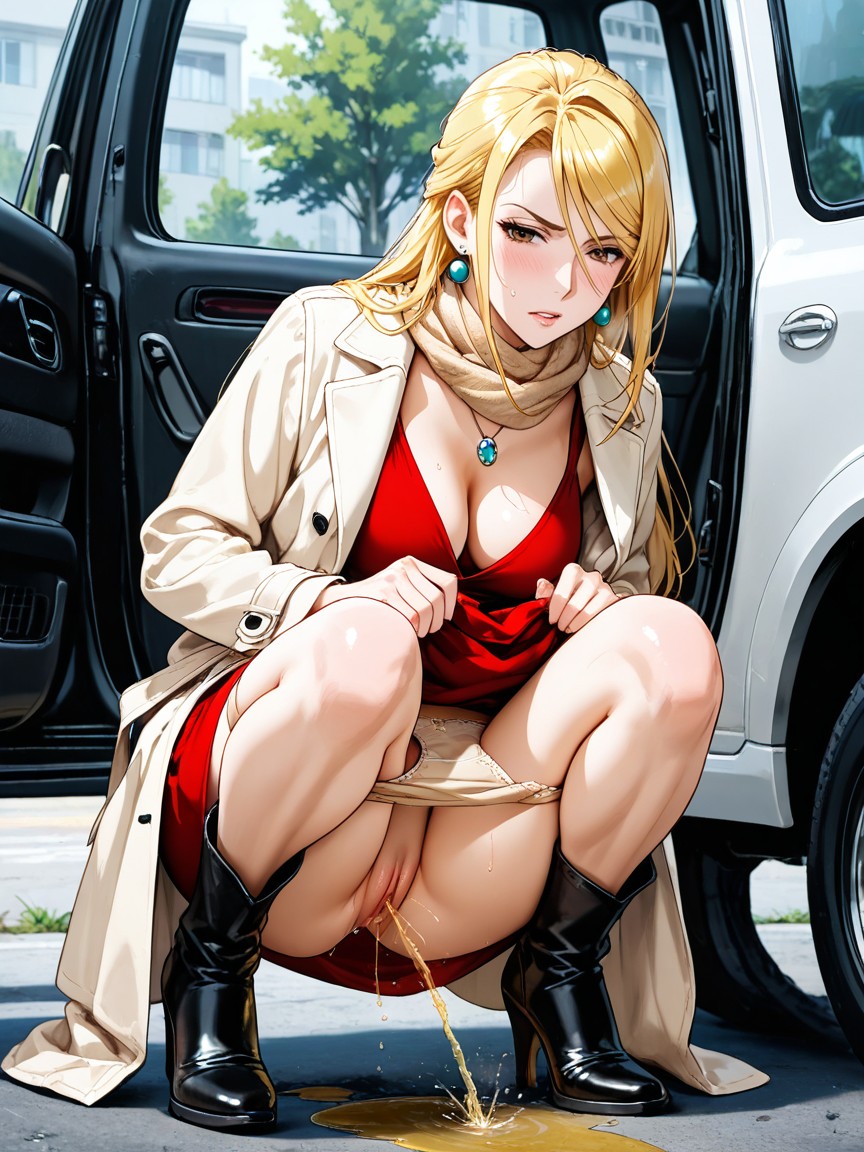 Looking Down, Midi Red Dress Lifted With Fall Coat Up To Waist, Countryside Hentai AI Porn