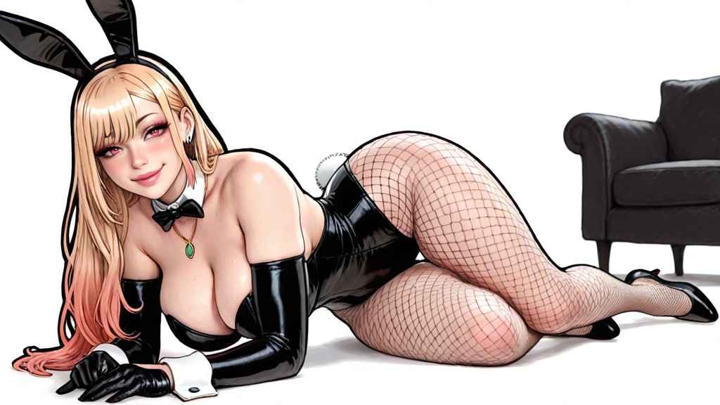 Deep Cleavage, Black Latex Gloves, Pencil Style Hentai AI Porn