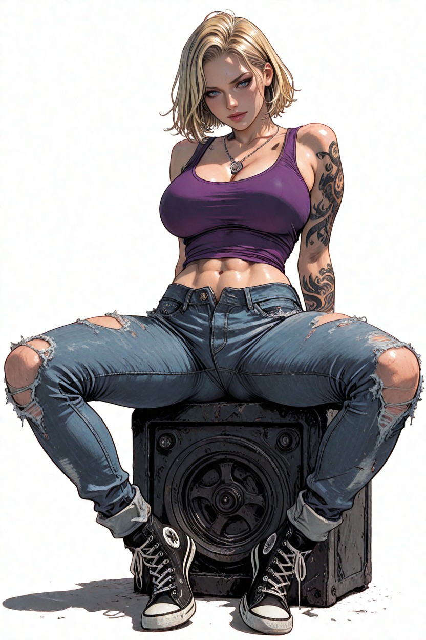 Fit, Blonde, Low-rise Unbuttoned Torn Denim Hentai AI Porn