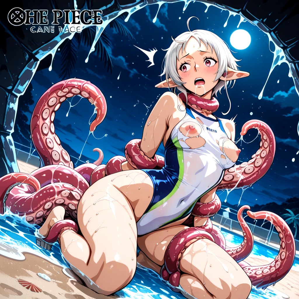One Piece White High Neck Swimsuit, Surpised Effect Icon, Tentacles Choke Her Throat Hentai AI Porn