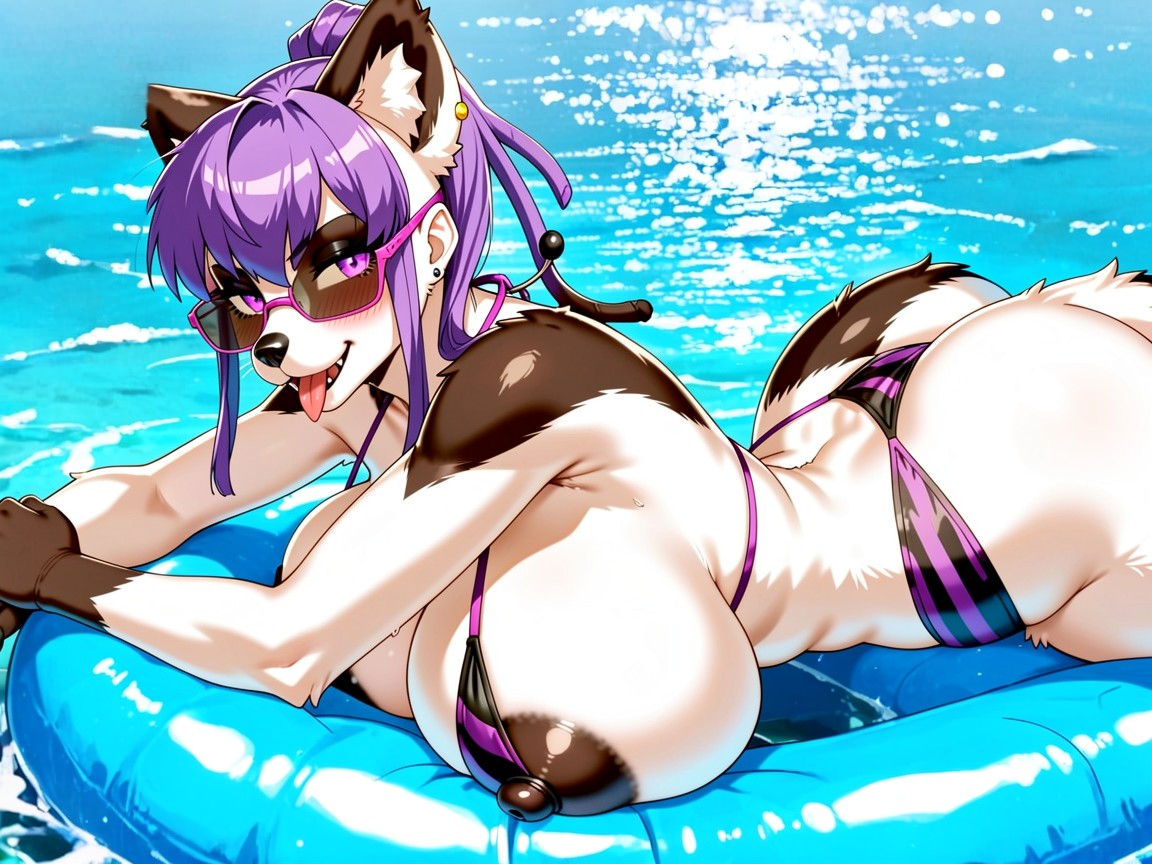 Keep The Pose And Outfit The Exact Same But Change The Woman To Be A Furry Skunk Woman Instead Keep The Body Proportions The Same Vanripper Style Skunk Womanfurrypurple Pixie Haircut Purple Nails Black And Purple Striped Bikini Hentai AI Porn