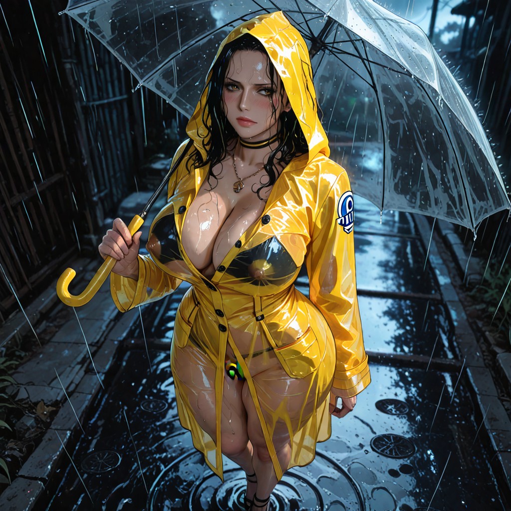 Holding A Transparent Umbrella In One Hand, Looking Up At Viewer, Choker Hentai AI Porn