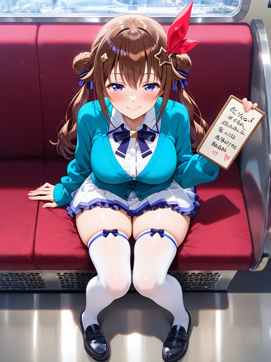 Wearing Sky Blue Cardigan, Smirk, Uncensored Hentai AI Porn