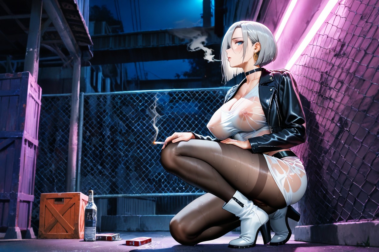 White Ankle Heel Boots, Bobcut, Slightly Big Breast Hentai AI Porn