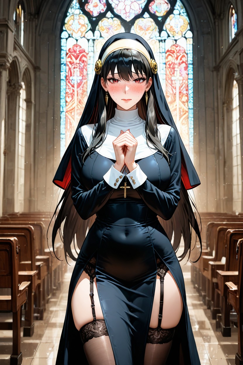 Extremely Beautiful Face, Very Black Hair, Church Hentai AI Porn