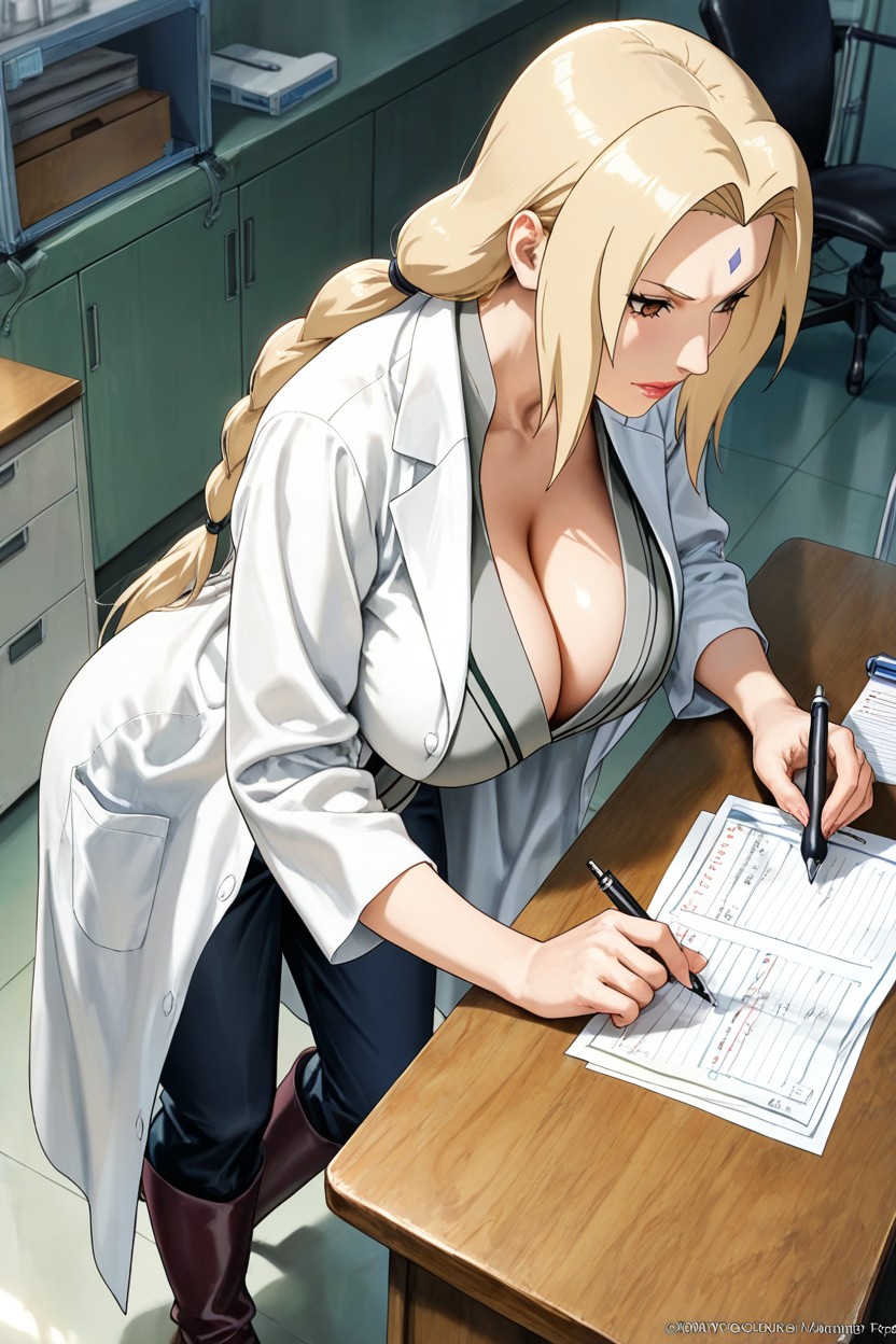 Looking Slightly Away, White Physician Lab Coat, Three-quarter Rear View Hentai AI Porn