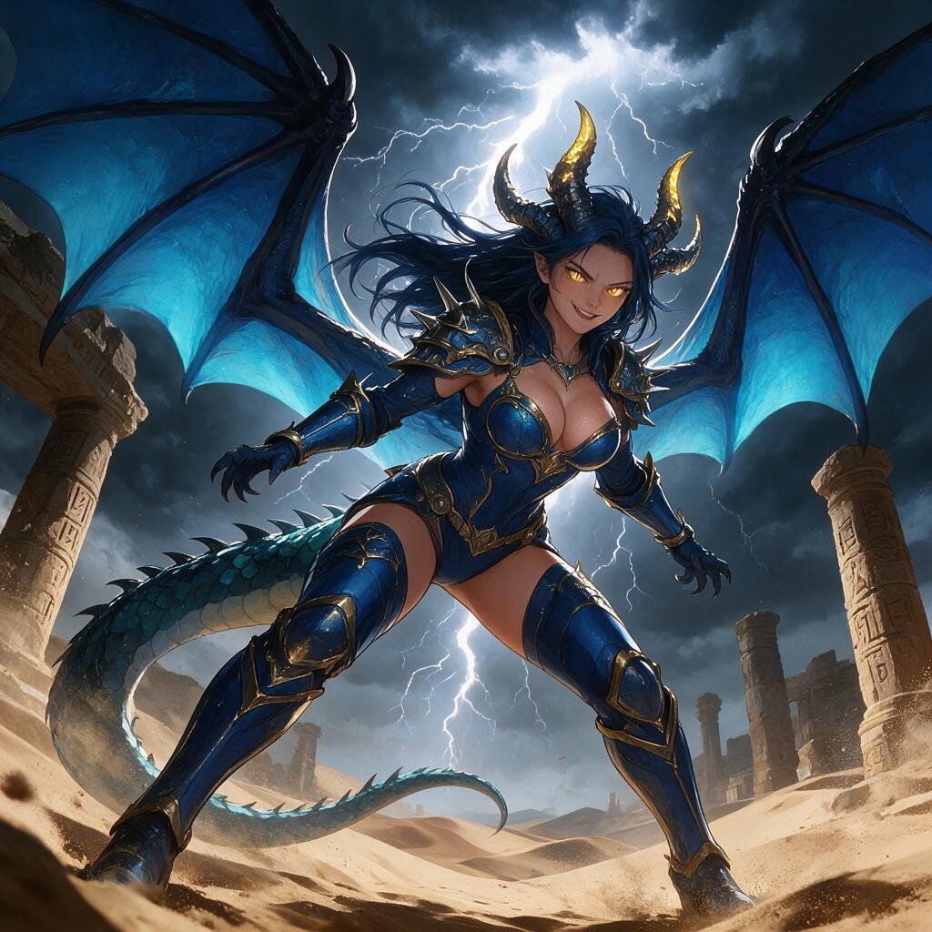 Gold Decorative Trim, A Dramatic Full-body Fantasy Illustration Of An Adult Dragon Woman Standing Among The Ruins Of An Ancient Desert Temple During A Thunderstorm She Has A Voluptuous But Powerful Physique, High-hip Armor Hentai AI Porn