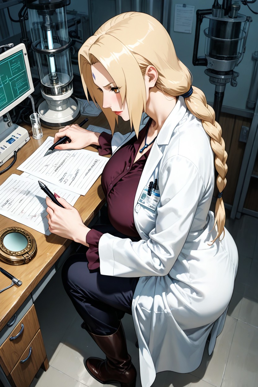 Very Long Blonde Hair, Writing Notes, Tall Rugged Brown Leather Work Boots Hentai AI Porn